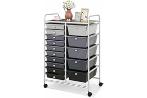KOTEK 15-Drawer Rolling Storage Cart, Multipurpose Mobile Utility Cart with 4 Wheels, Home Office School Tools Scrapbook Paper Organizer (Grey & Black)