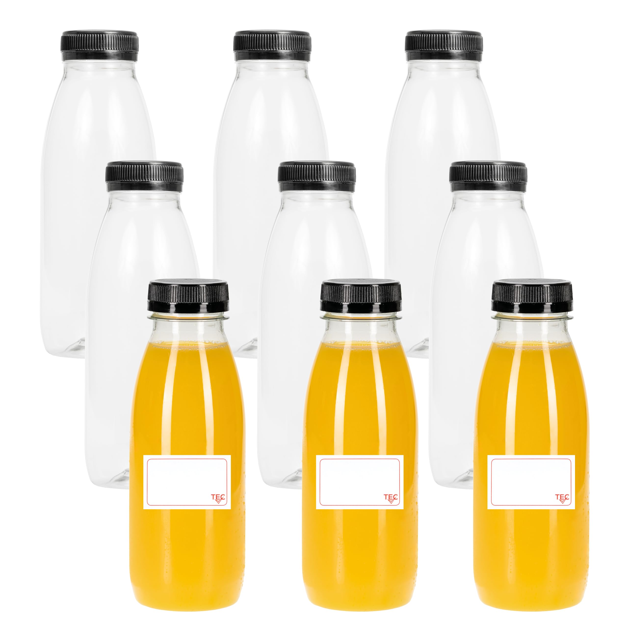 TEC Juice Bottles with Lids 500ml UK Made 30% Recycled PET Plastic Empty Clear Round Small Drink Reusable for Fridge Kids Adults Water Milk Lunchboxes Juicing Pack Multipack in Bulk