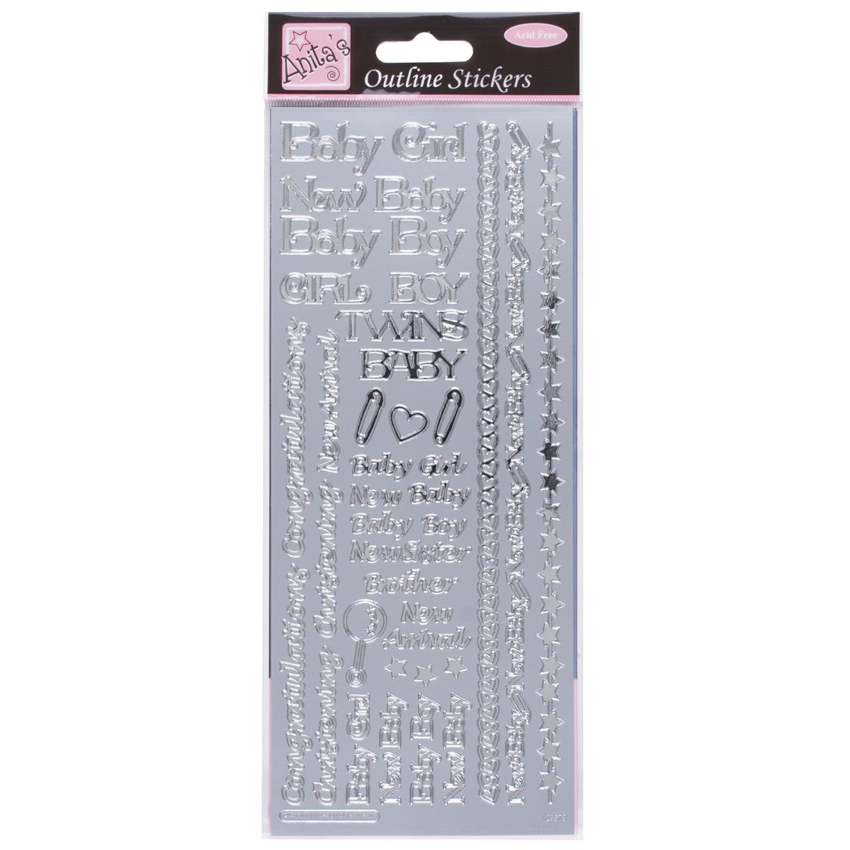 Anitas Outline Stickers, New Baby, Silver, For Scrapbooking, Card Making, Kids Play, Homework, Art, Craft, Embelish, Decorative, Paper, Card, Glass, Metal, Plastic, Foam