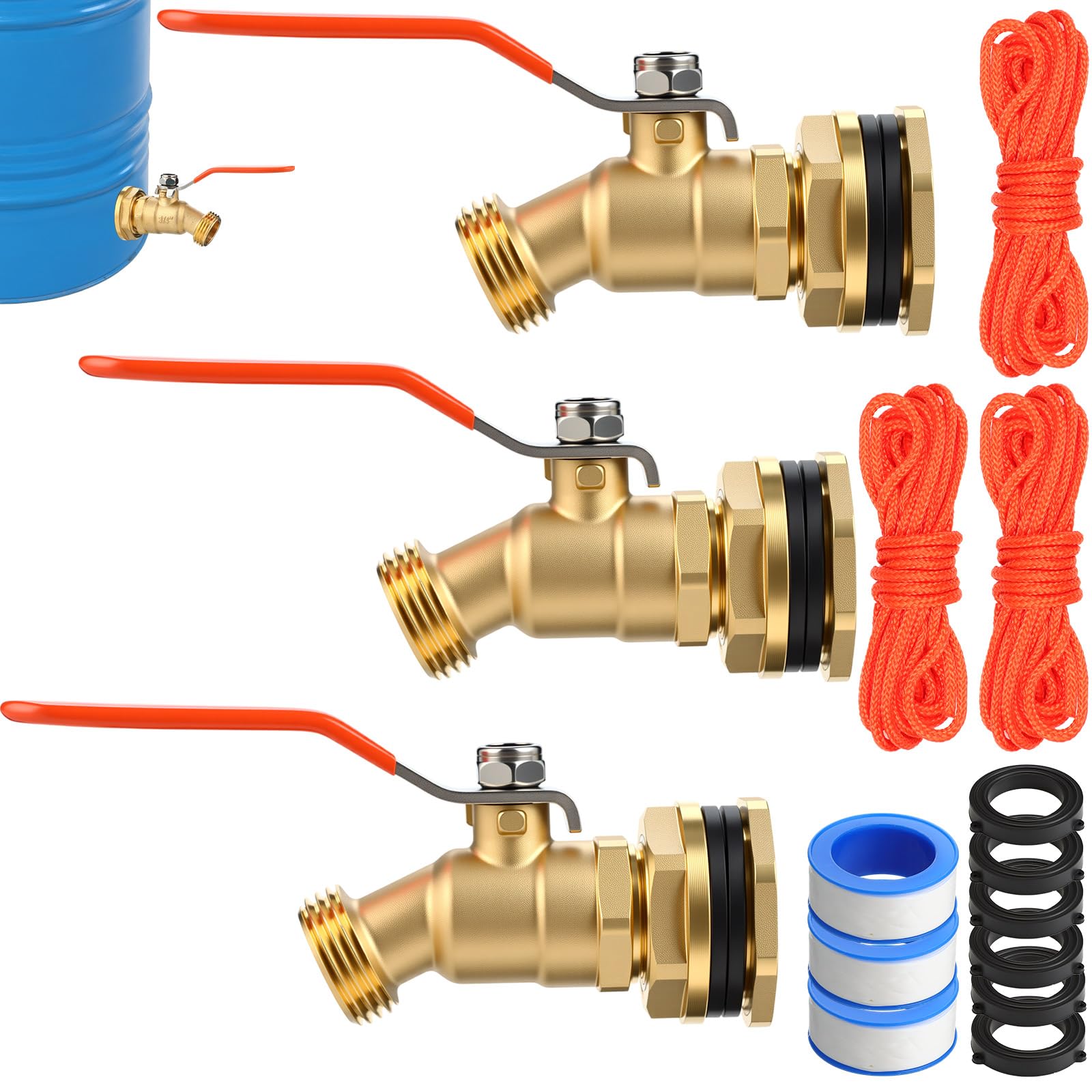 Photo 1 of JaGely 3 Sets Brass Rain Barrel Spigot Kit Water Bucket Container Spout Spigot Faucets with Bulkhead Fitting Washers Tape, Lead-Free, 3/4 Inch Quarter Turn Ball Valve, for Water Tank(Orange)