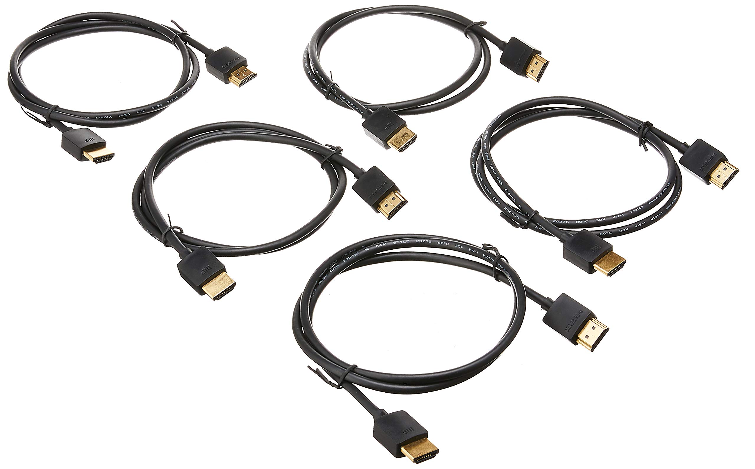 Monoprice 8K Ultra High Speed Slim HDMI Cable - HDMI 2.1, 8K@60Hz, 4K@120Hz, 48Gbps, HDR, VRR, 3ft, Black - 5 Pack