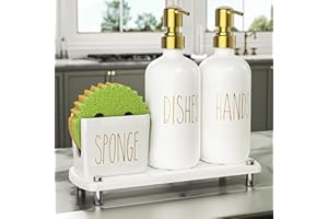 Cisily Kitchen Soap Dispenser Set Comes with Ceramics Sponge Holder, Gold Pumps, and Instant Dry Tray, Hand and Dish Soap Dispenser Set Suitable for Kitchen Decor and Accessories