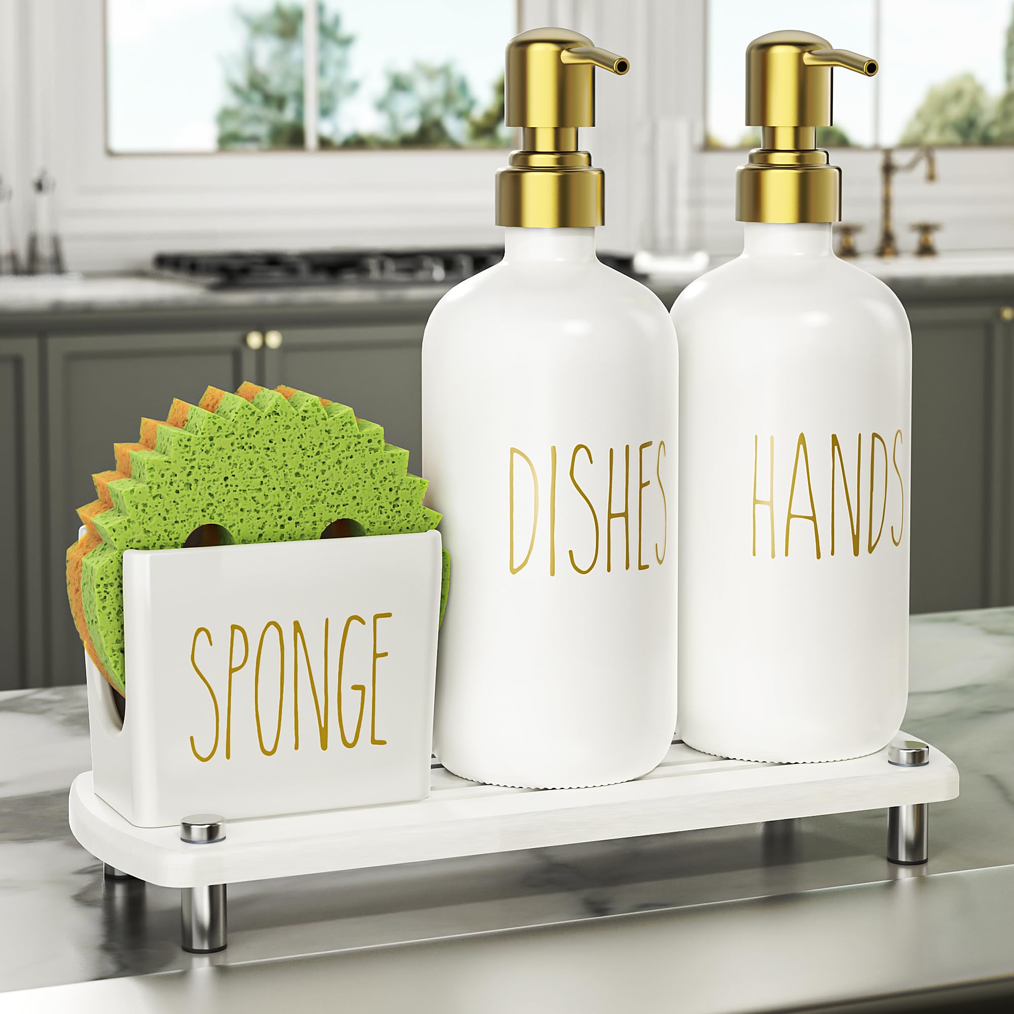 Photo 1 of Cisily Kitchen Soap Dispenser Set Comes with Ceramics Sponge Holder, Gold Pumps, and Instant Dry Tray, Hand and Dish Soap Dispenser Set Suitable for Kitchen Decor and Accessories