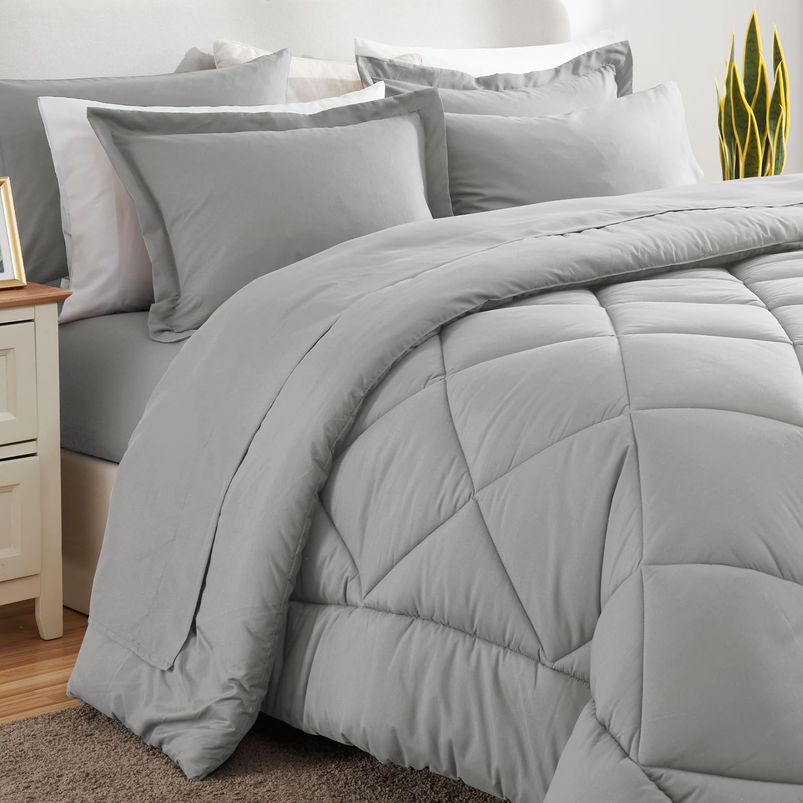 CozyLux Queen Comforter Set Light Grey - Bed in a Bag Queen Size 7 Pieces, Luxury Soft Bed Set for All Seasons, Bedding Set with Down Alternative Comforter, Sheets, Pillowcases & Shams
