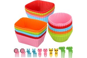 40pcs Silicone Lunch Box Dividers, Reusable Cupcake Baking Cups with 10pcs Food Picks Silicone Muffin Liners Bento Bundle Lun