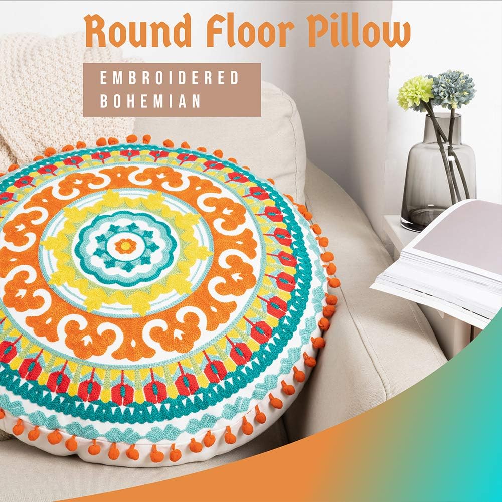 Embroidered Bohemian Round Floor Pillow, Ethnic Boho Cotton Cushion for Living Room Bedroom Balcony Yoga Room Car Office Outdoor, Home Decor Colorful Pouf Ottoman (18 inch Approx): Home & Kitchen