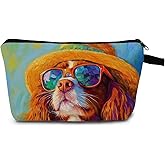 MoCaliduccious Cavalier King Charles Spaniel Makeup Bag Vintage Oil Painting Style Adorable Dog with Straw Hat & Sunglasses Artistic Cosmetic Pouch for Dog Lovers Gift for Pet Enthusiasts