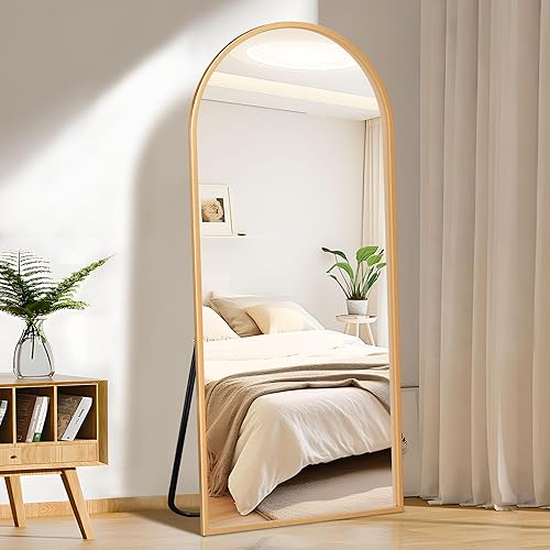 FURNIinspire Arched Full Length Mirror with Stand, 64"x21" Full Body Mirror Standing Hanging or Leaning Wall, Arch Wall Mirror with Aluminum Alloy Thin Frame for Bedroom Living Room Gold