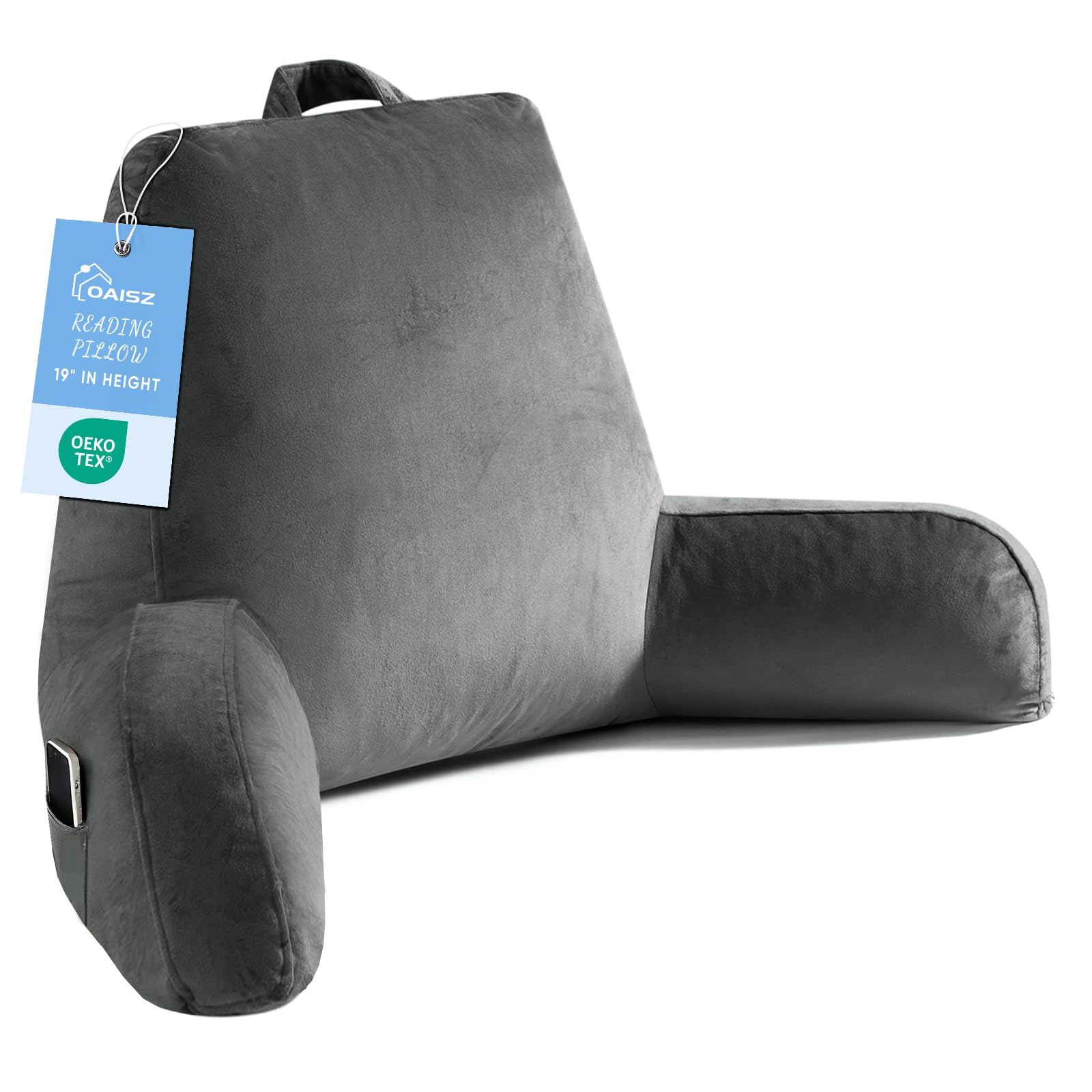 Photo 1 of OAISZ Reading Pillow for Sitting in Bed Adult, 19" Reading Pillow with Shredded Memory Foam, Back Pillow for Sitting Up with Extend Arms, Pockets, Bed Pillow with Washable Cover, Grey