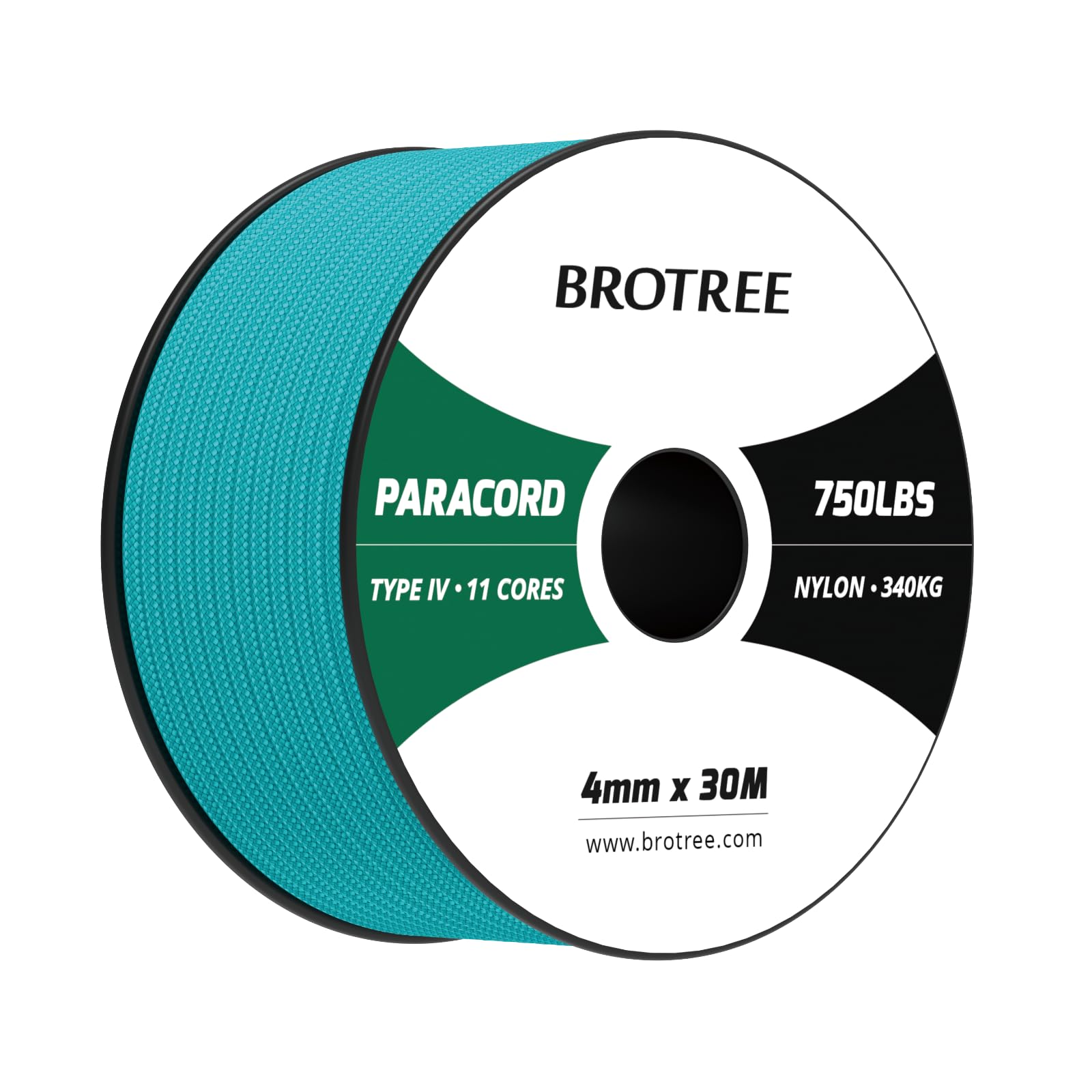 Brotree Paracord 4mm 30M 100% Nylon Rope 11 Strands 750lb Parachute Cord Type IV for Survival, Outdoor and DIY - 340kg Breaking Load (Turquoise)