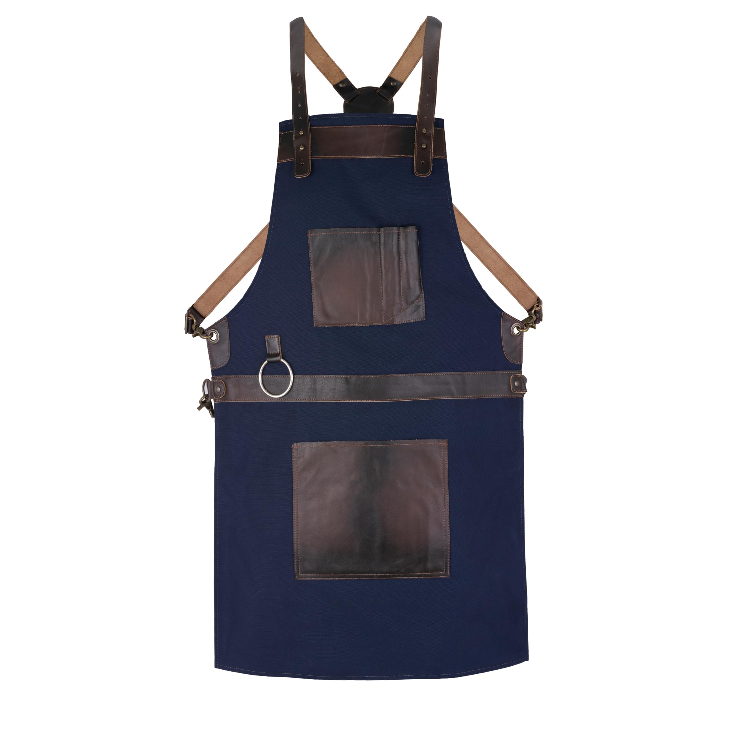 Leathershire Top Grain Leather Blue Canvas Crossbody Butcher Cook BBQ Apron - Cooking DIY Woodwork Apron Gift for Him Gift for Her