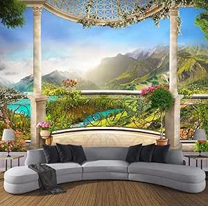 Papel tapiz fotográfico Mural 3D Ventana Balcón Paisaje de montaña
