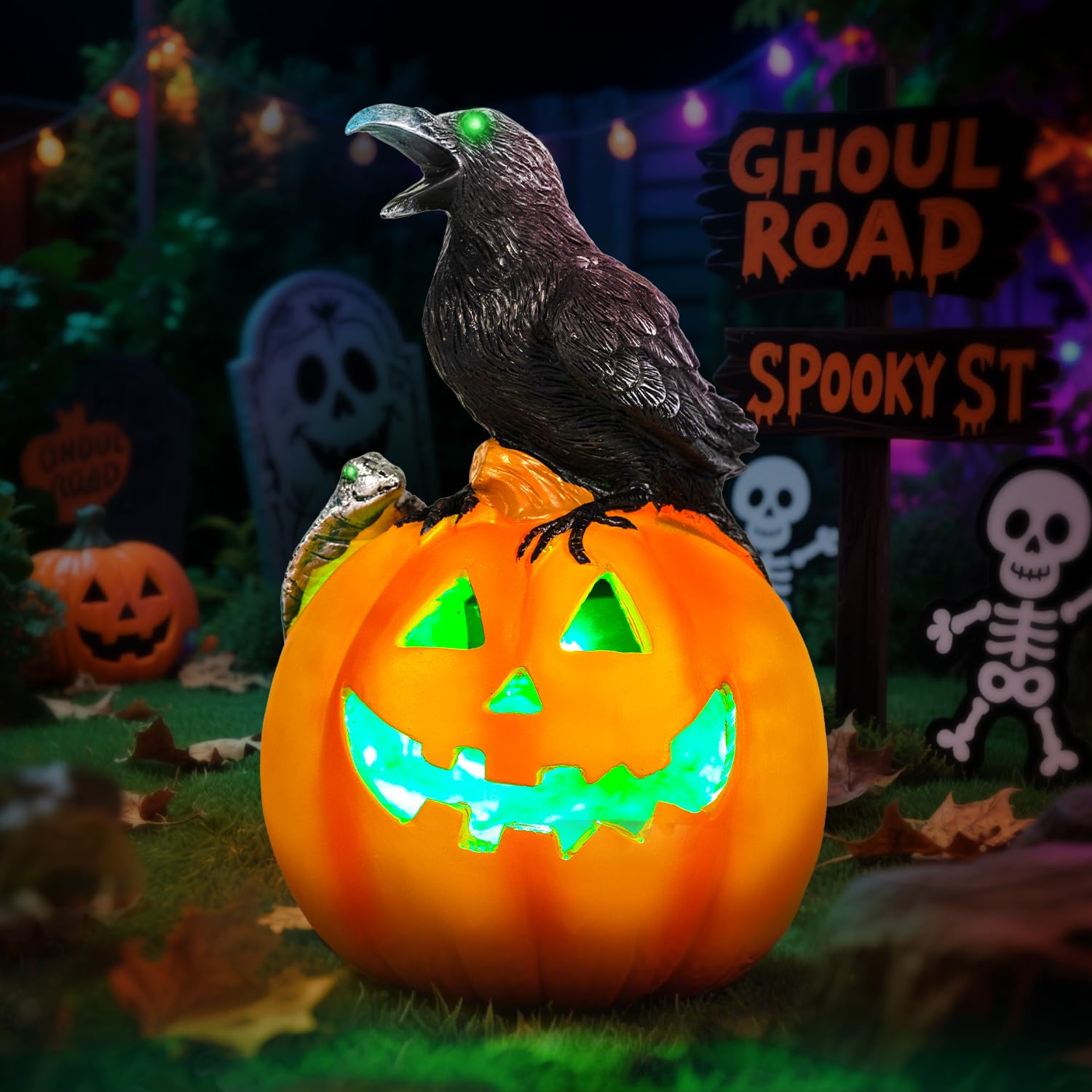 Photo 1 of Halloween Pumpkin Solar LED Light Outdoor Solar Powered Garde Decorative Light IP44 Waterproof for Outdoor Home Decor & Halloween Party Decorations-Crow