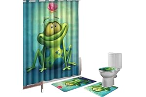 Amagical 4 Pieces Cute Frog and Lotus Flower Shower Curtain Set Bathroom Mats Set, Non-Slip Rug Carpet Toilet Cover Shower Curtain