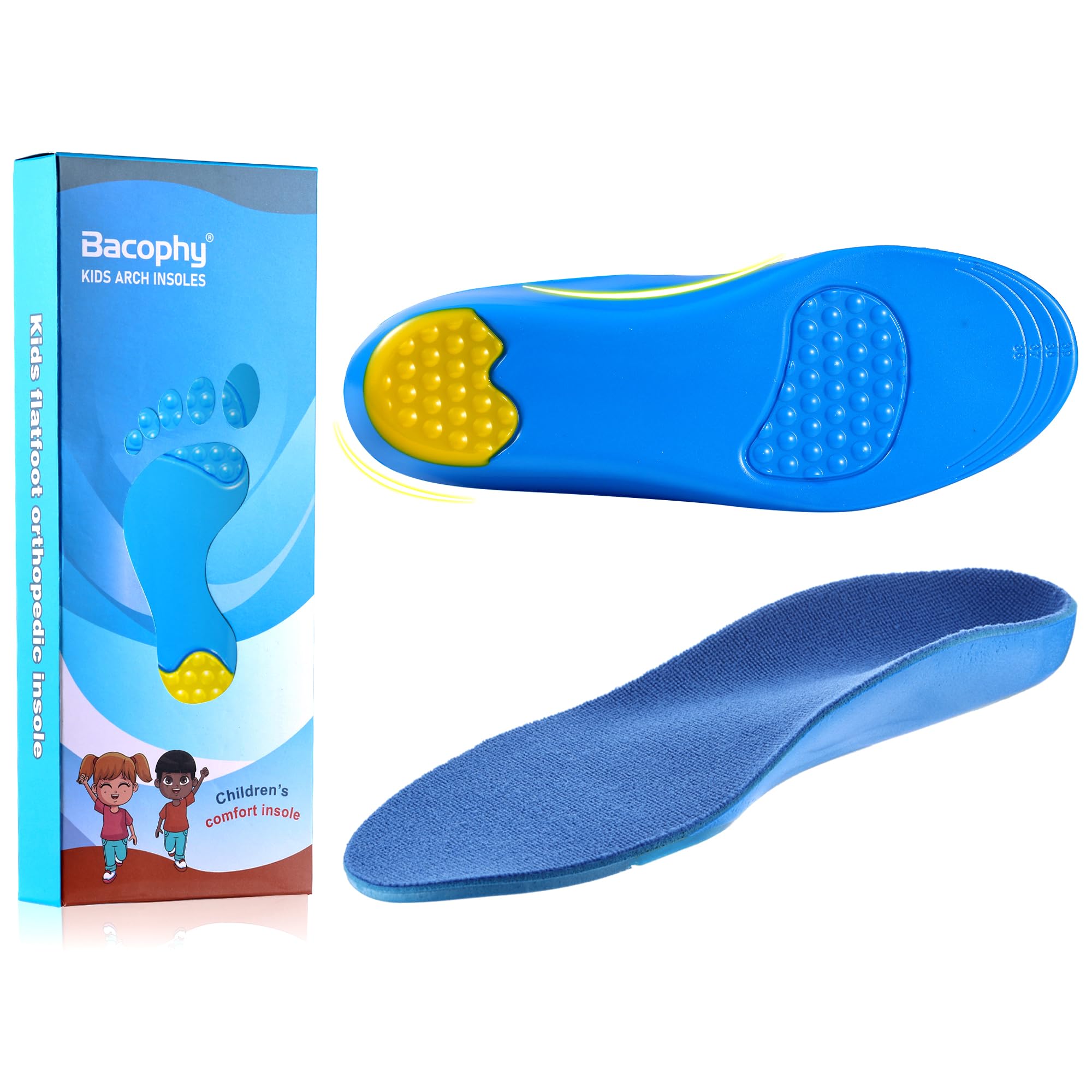 Photo 1 of Bacophy Kids Orthotic Arch Support Shoe Insoles, Children Pu Cushioning Inserts, Shock Absorption Velvet Surfaces Deep Heel Cup Inner Sole for Flat Feet, Plantar Fasciitis, Feet Heel Pain Relief