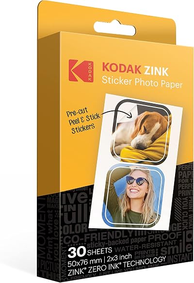 Kodak 2x3 inch Premium Zink Pre-Cut Sticker Photo Paper 30 Sheets