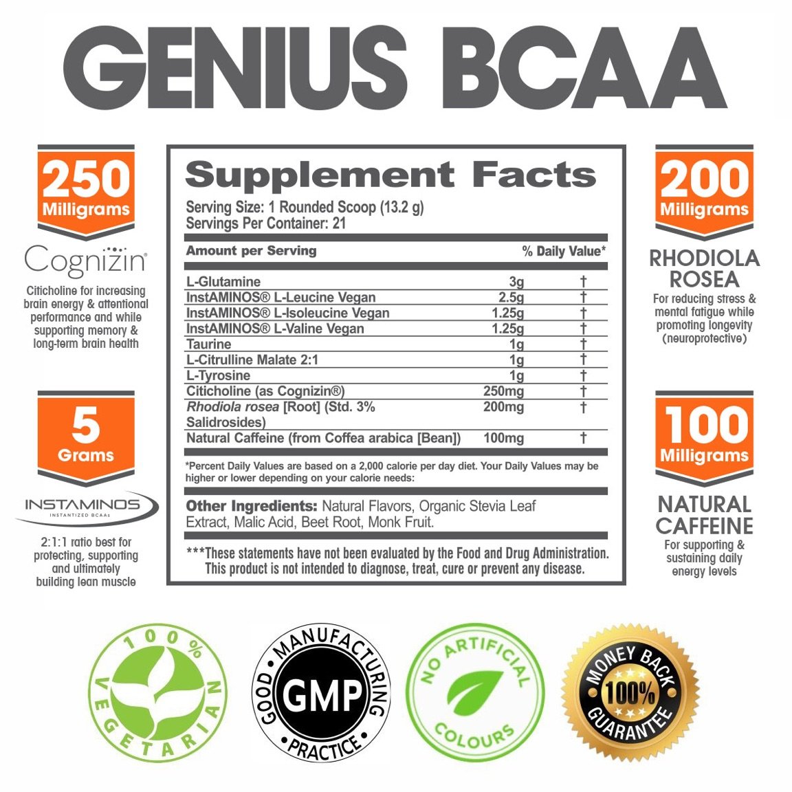 GENIUS BCAA Powder with Focus & Energy Multiuse Natural Vegan