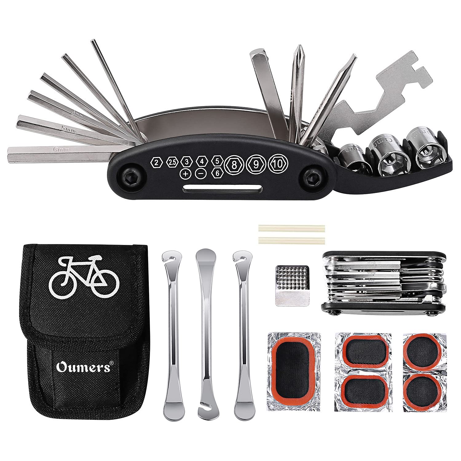 Oumers Multi-Function Bike Bicycle Cycling Mechanic Repair Kit with 3pc Bike Tire Lever 5pc Tyre Patches 1pc Tire Rasp Work Bag