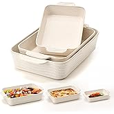 Jemirry Ceramic Baking Dish Set of 3, Casserole Dishes for Oven, Square Porcelain Bakeware Set with Handles, Lasagna Baking Pan for Cooking, Perfect for Baking and Serving, Housewarming, Halloween, Thanksgiving, Christmas, New Year-Reactive White