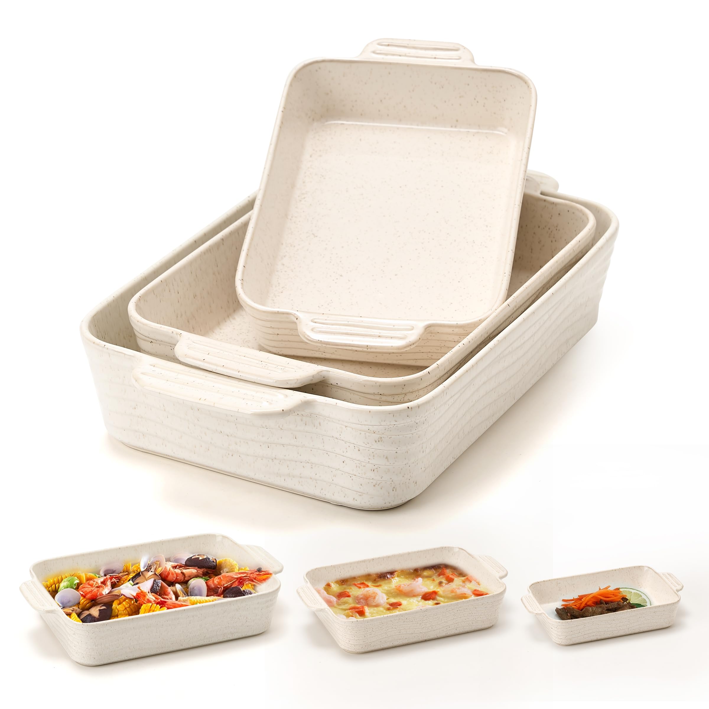 Photo 1 of Jemirry Ceramic Baking Dish Set of 3, Casserole Dishes for Oven, Square Porcelain Bakeware Set with Handles, Lasagna Baking Pan for Cooking, Perfect for Baking and Serving, Housewarming, Halloween, Thanksgiving, Christmas, New Year-Reactive White