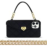 Omio for iPhone 15 Pro Max Wallet Case with Card Holder Luxury Chain Case with Long Pearl Shoulder Crossbody Lanyard Wrist Strap Soft Silicone Handbag Cover for iPhone 14 Pro Max Women Girls Black