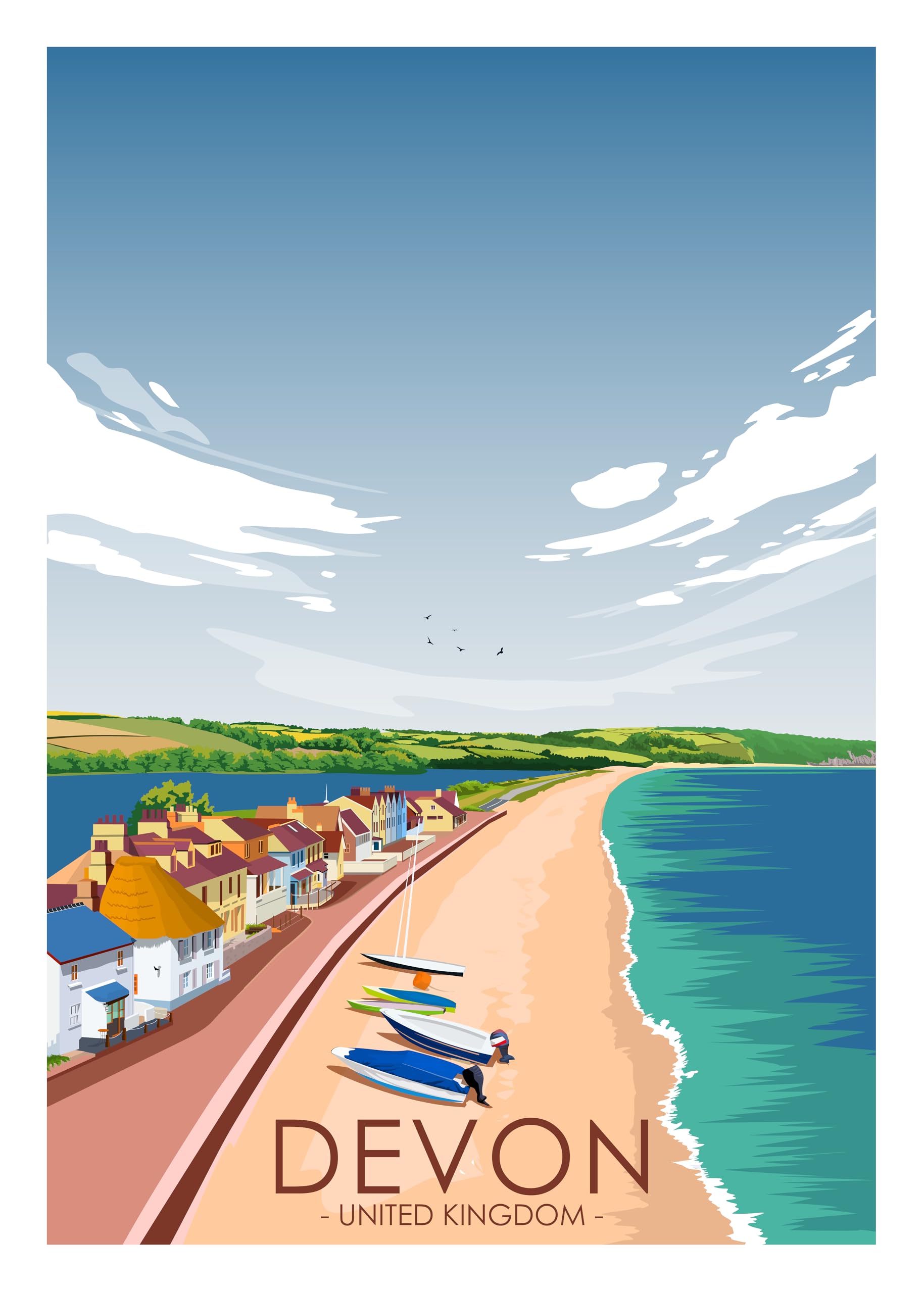 Hewson's Gifts UK Travel Print UK Cities and Shires, Handmade Print Of The Beautiful Places of United Kingdom, UK Artwork Wall Art Poster For New Home Kitchen Print (Devon, A4 Unframed Print)