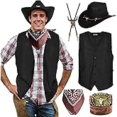 Prebene Western Cowboy Costume Mens-Cowboy Outfit Accessories Hat Vest Belt Bandana Necklace for Halloween Party