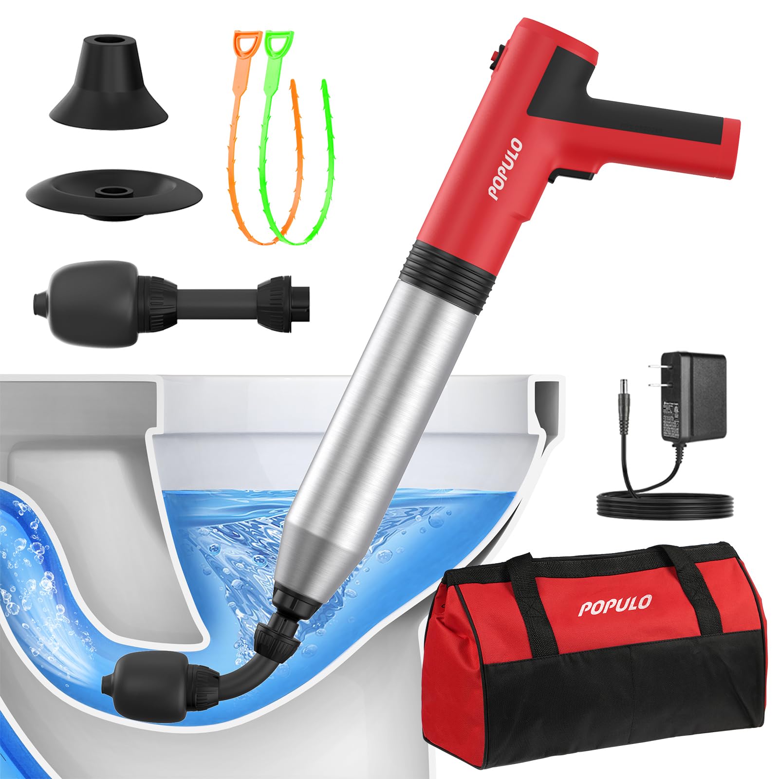 POPULO Electric Toilet Plunger Swift High Pressure Drain Unclogger Plungers for Bathroom, Floors, Shower Heavy Duty Versatile Home Toilet Clog Remover