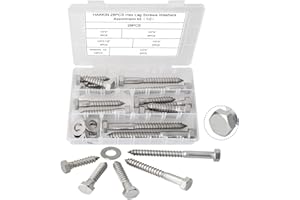1/2" Hex Lag Bolts 2" 2-1/2" 3" 4" 5",Hakkin 28PCS Stainless Steel Heavy Duty Lag Screws Washers Assortment Kit, Hexagon Head Screw & Bolt Assortment Sets for Wood,Joining Lumber and DIY Design