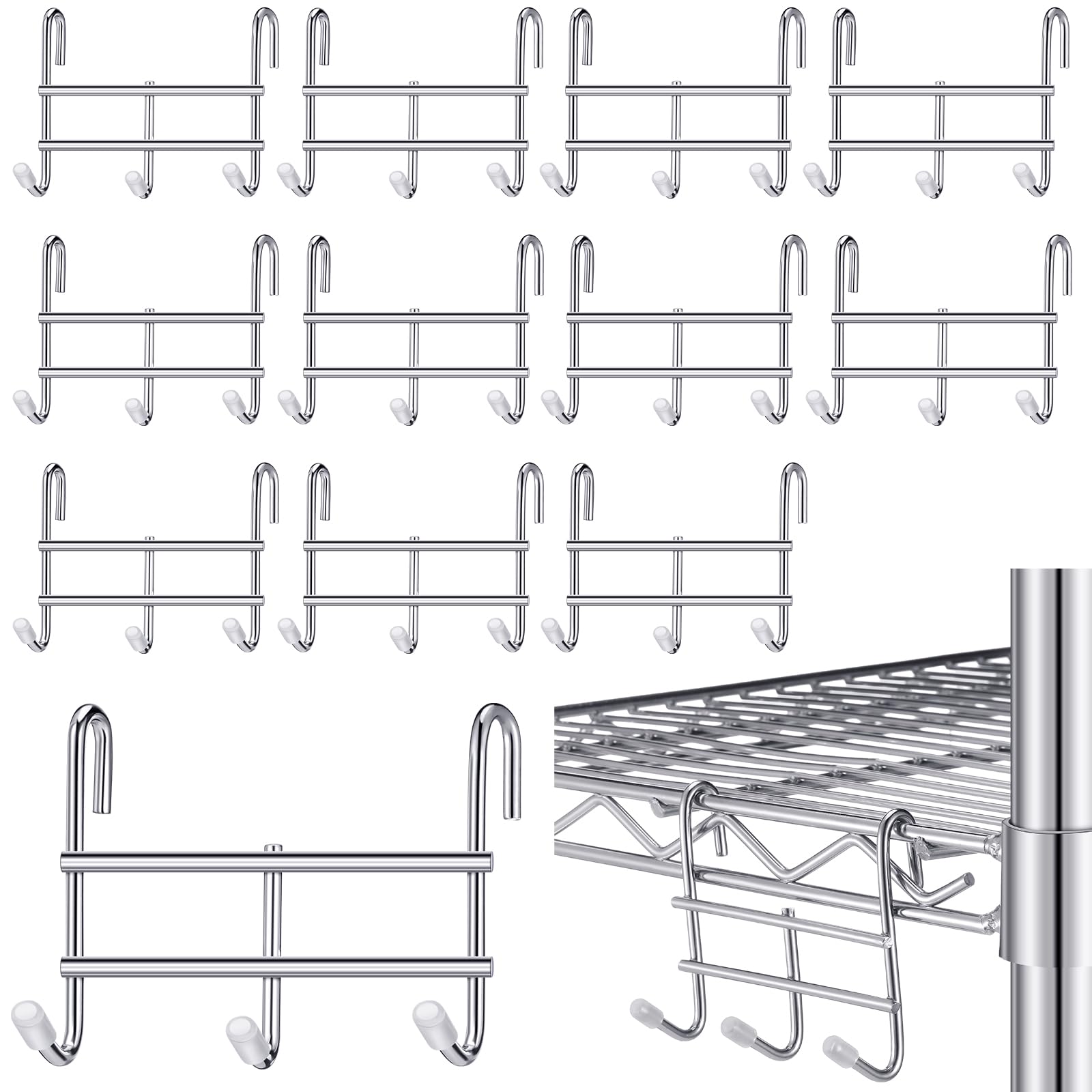 Photo 1 of Teenyyou 12 Pack 3 Hook Attachment for Wire Shelving 3.75" l x 1.625" d x 3.25" h Wire Shelving Hooks Accessories Steel Hanging Rack Metal for Storage Organizer (Chrome)