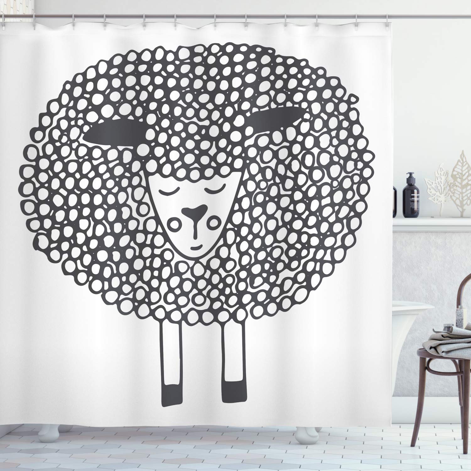 ABAKUHAUS Grey and White Shower Curtain, Monochrome Sheep with Doodle Design Farm Animal Illustration, Cloth Fabric Bathroom Decor Set with Hooks, 78" Inches, Charcoal Grey and White — image 1