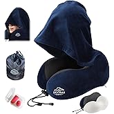 Travel Pillow with Extra Large Hood for Airplane Long Flights Privacy and Comfort Memory Foam with Velvet Cover for Road Trip Head&Neck Support for Plane Office Cars Sleeping & Rest (Navy Blue)