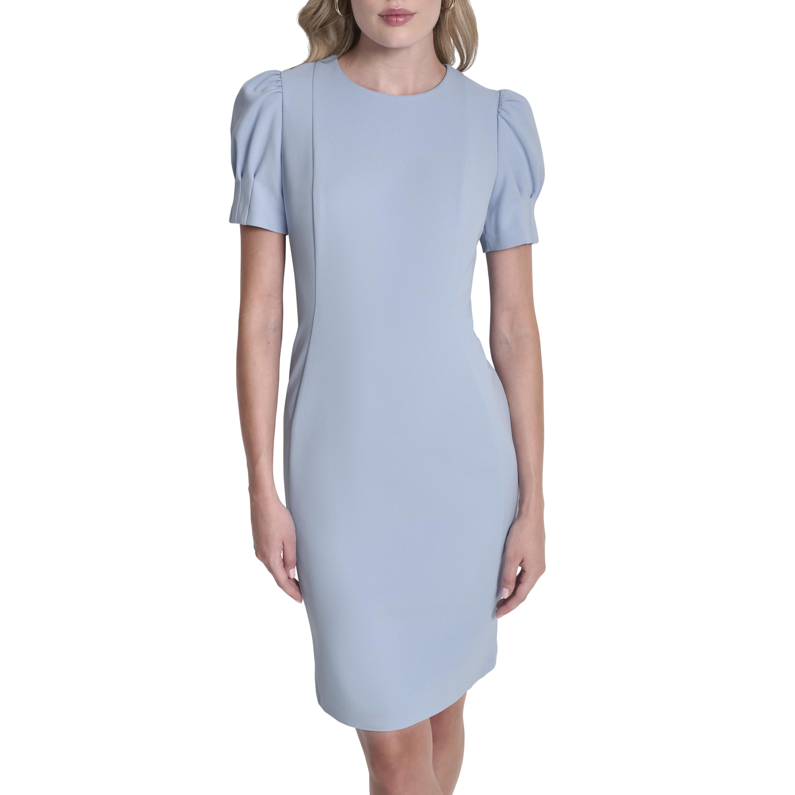 DKNY Women’s Short Puff Sleeve Jewel Neck Exposed Zipper Knee Length Dress, Serene, 10