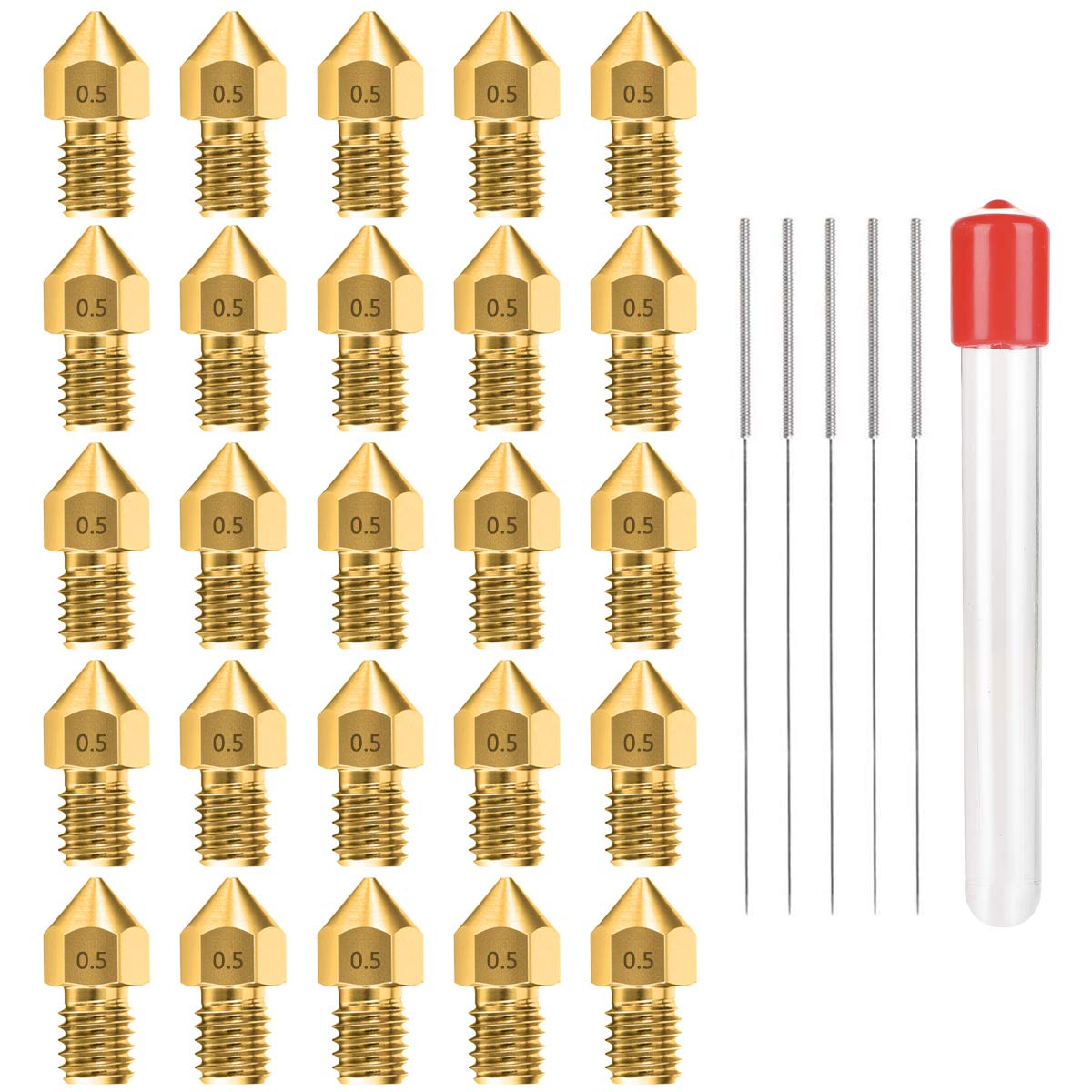 0.5 MM MK8 Ender 3 Nozzles 25 pcs 3D Printer Brass Nozzles Extruder for Makerbot Creality CR-10 with 5 Needles and Metal Storage Box (0.5mm)