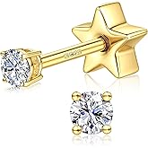Moissanite Earrings Studs - 925 Sterling Silver Earrings for Women Men 14K Gold Plated Double Sided Star Flat Back Stud Earring Hypoallergenic Small Cartilage Helix Piercing Jewelry D Color VVS1