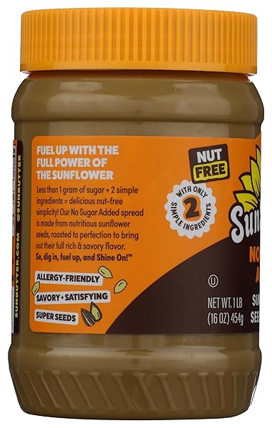 SUNBUTTER NO SUGAR ADDED SUNFLOWER SEED BUTTER, 16 OZ NUT-FREE SPREAD WITH 7G PLANT-BASED PROTEIN, ROASTED RICH & SAVORY FLAVOR, SMOOTH TEXTURE | VEGAN, KOSHER & NON-GMO