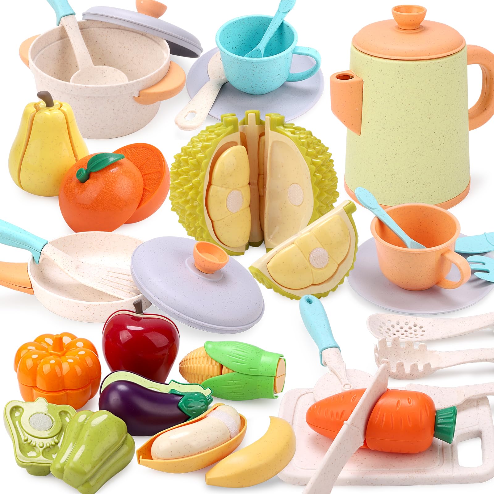 RUIDYA Kids Kitchen Accessories, Pretend Role Play Cutting Fruit Fake Food Toy & Cookware Pot & Pan Set, Play Kitchen Accessories Cooking Utensil Toy, Toy for Girl Boy Age 3,4,5,6+