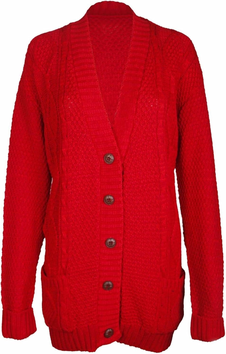 Womens Ladies Chunky Cable Knitted Long Sleeve Button Grandad Knitwear Cardigan - RED - One Size 