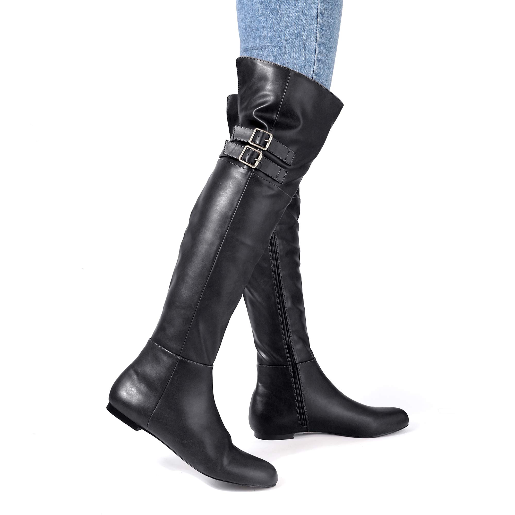 IDIFU Women's HFIONN-D Fashion Casual Buckle Size Zipper Over The Knee Boots Winter Riding Boots (Black Pu, 10) - Image 4