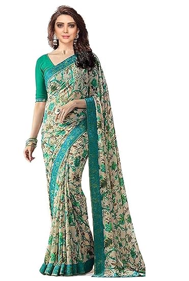 Women's Georgette Saree with Blouse Piece (A15 FLOWER_Green)