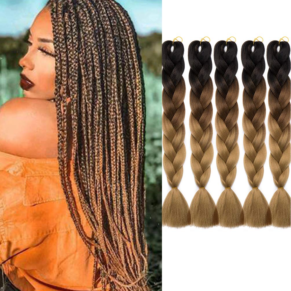 Jumbo Braiding Hair Extensions 3 Tone Ombre Synthetic Braiding Hair Extension For Box Braids 24 inches 5pcs Black to Auburn to Blonde