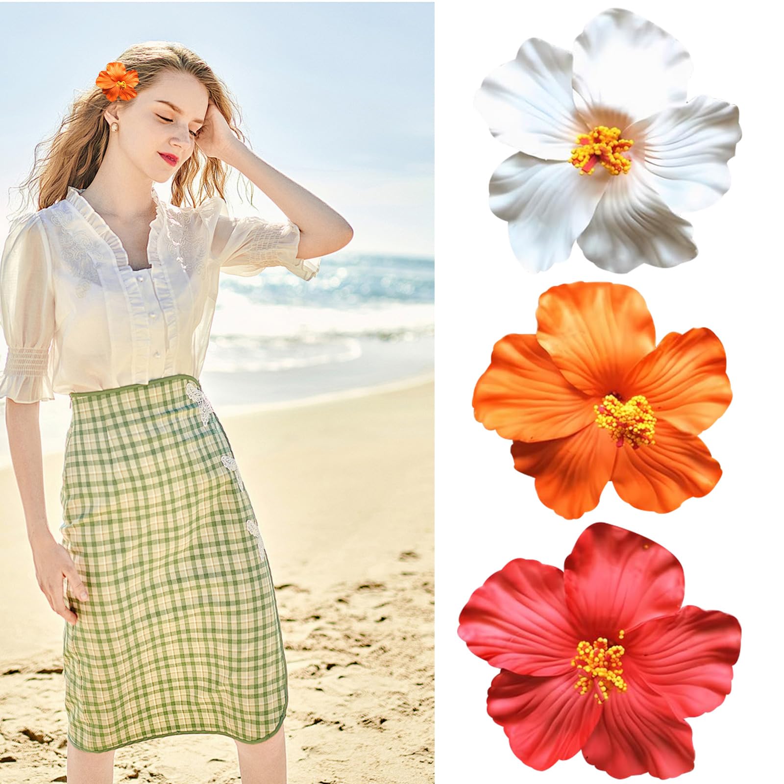 Aikeis Set of 3 Hawaiian Flower Hair Clips Women Plumeria Hair Clips 3.5 Inch Artificial Flower Clips for Holiday Beach Party