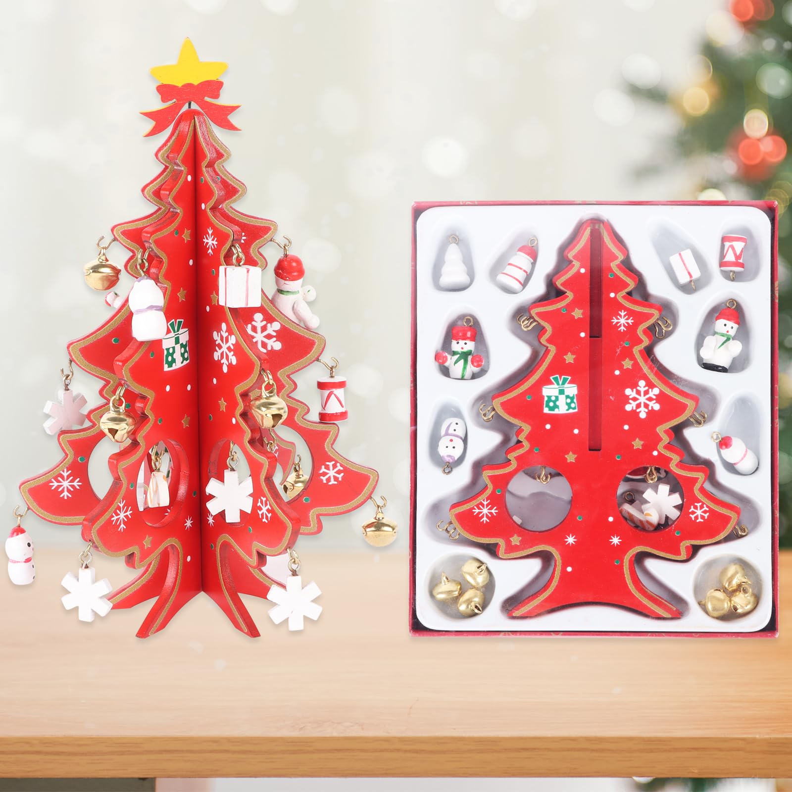 Small Tabletop Xmas Tree Wooden Christmas Tree With Ornaments 25Pcs, Diy Mini Christmas Tree Creative Desk Xmas Tree Desktop Festival Miniature Tree For Christmas Table Desk Decor Kids Gift