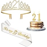 21st Birthday Decorations for Her with 21st Birthday Sash White and Tiara Gold, 21 Candles Gold, 21 Year Old Gifts for Her