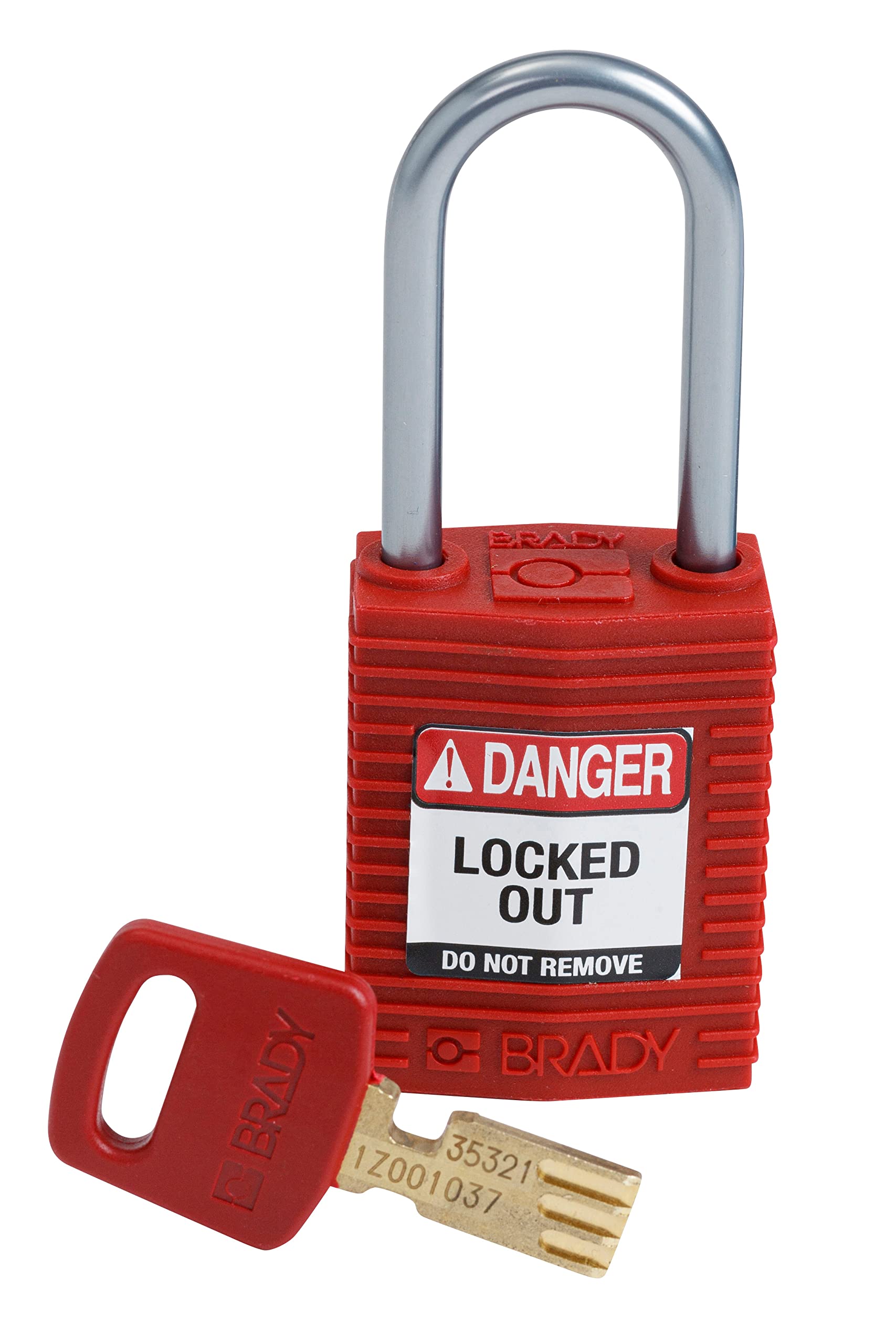 Brady SafeKey Padlock, Red, 3.0 in H x 1.25 in W x 0.75 in D