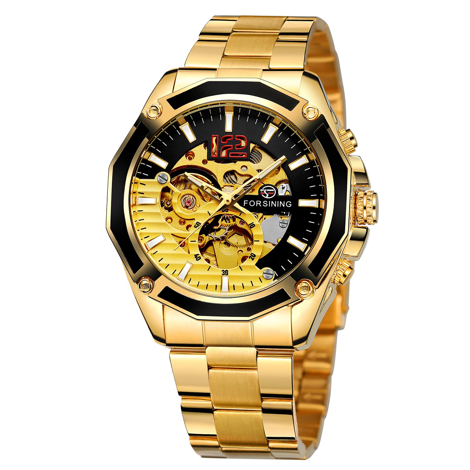 FORSINING Mens Watch Men Luxury Famous Top Brand Automatic Wrist Watch Waterproof Skeleton Mechanical Wristwatches, Gold, Mechanical