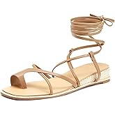 Coutgo Womens Lace Up Gladiator Sandals Strappy Flat Dressy Low Heel Wedges Thong Summer Beach Shoes
