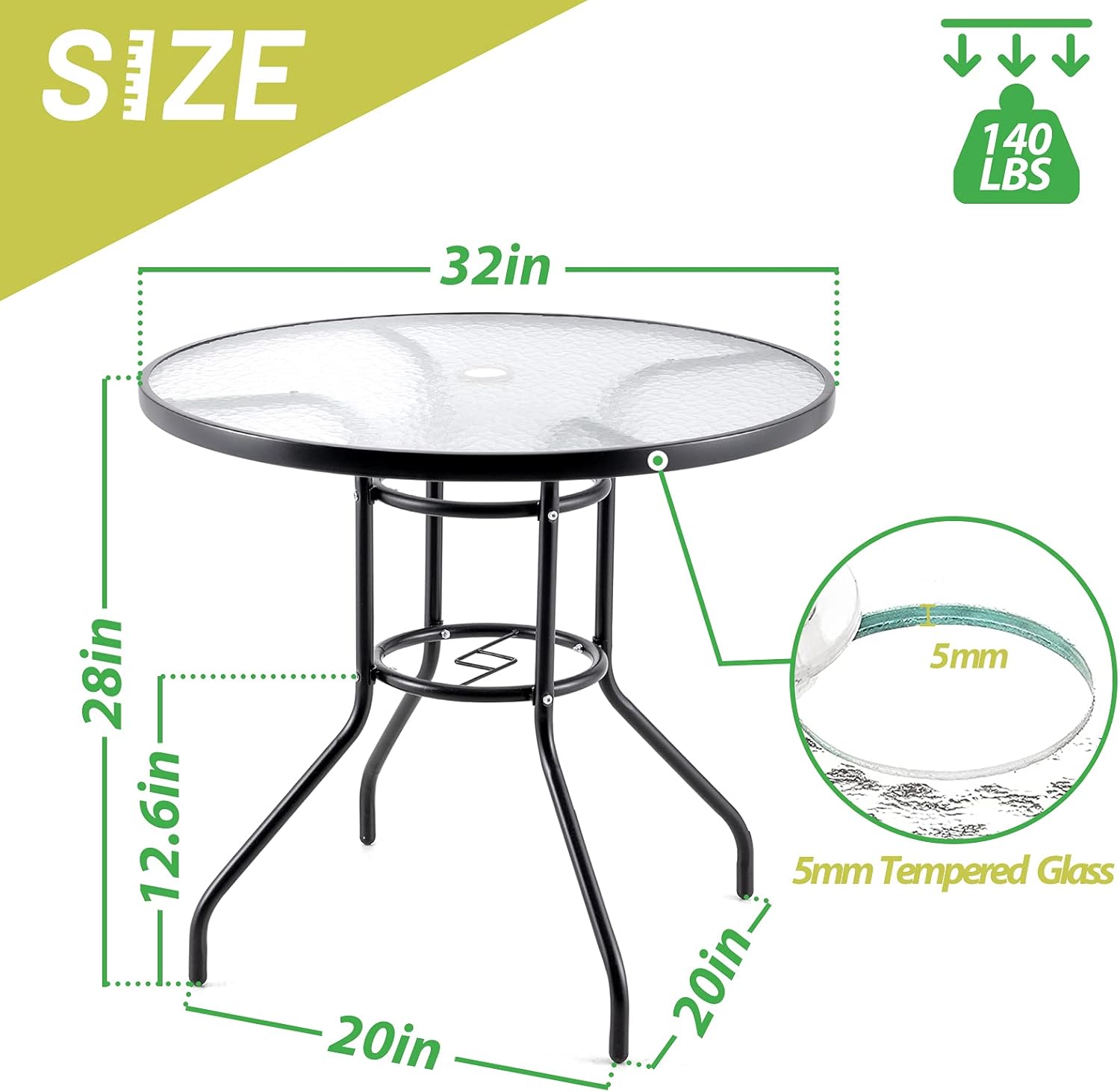 Outdoor Patio Dinning Table, 32In Outside Round Bistro Glass Tables with Tempered Glass Top and Umbrella Hole, Wrought Iron Frame Patio Table for Patio Backyard Garden Balcony: Kitchen & Dining