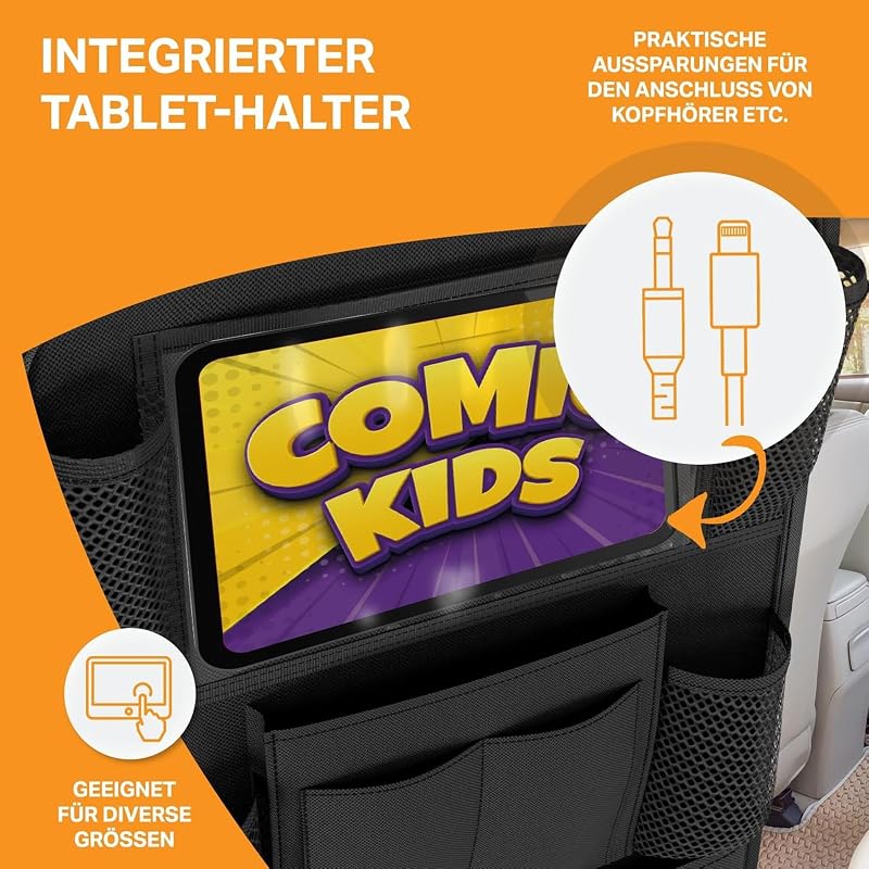 Organisateur Voiture Enfant, Protection Siège Arrière Tissu Oxford Imperméable Anti-Saleté, Rangement Multi-Poches avec Grande Poche pour Jouet et Livres, Accessoire Auto Intérieur, Noir SURFOU