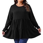 Agnes Orinda Plus Size Babydoll Tops for Women Long Sleeve Crew Neck Casual Loose Peplum Tops Blouses Tunics